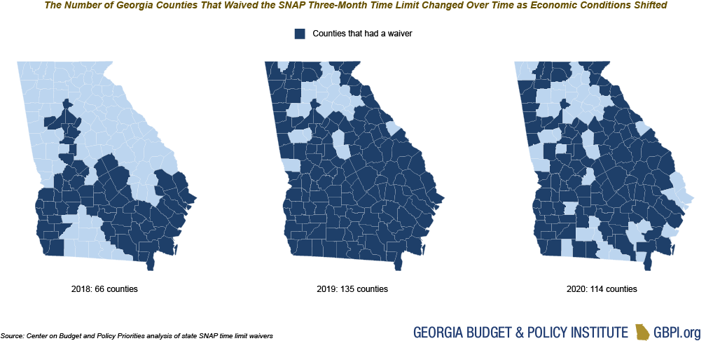 Georgia maps showing changes in counties that had a waiver for SNAP time limit from 2018 to 2022