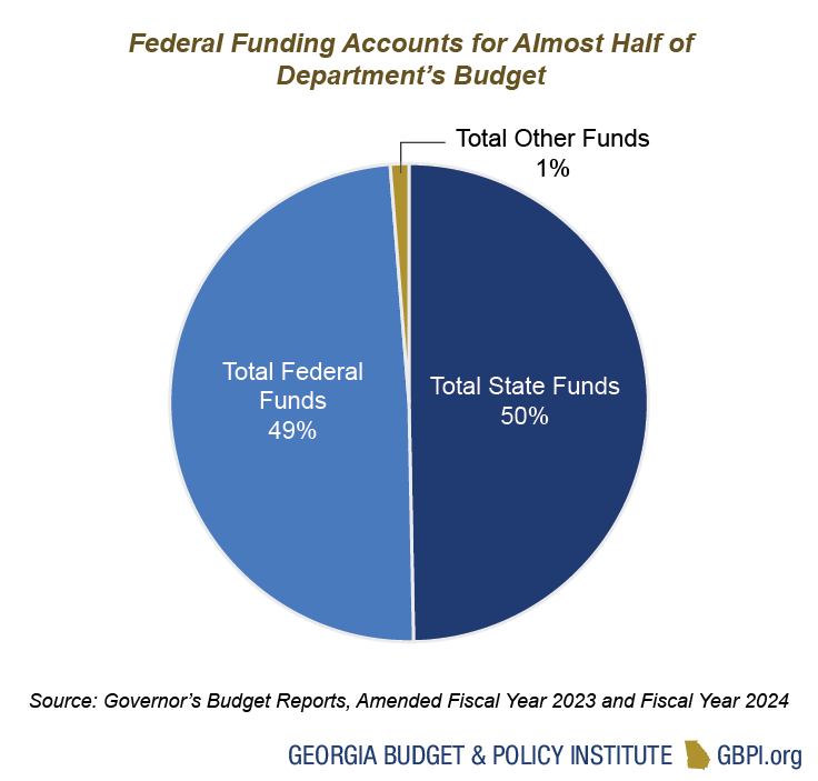 Pie chart displays amount of funding that the Georgia Department of Public Health receives from the state government, federal government, and other source of funding