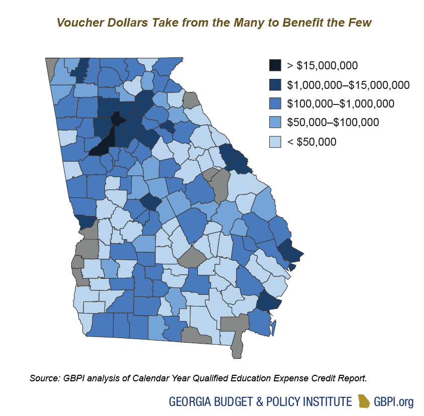 Heat map of Georgia displaying county-level investments or diversions of funds. Rural counties exhibit the highest amount of fund diversion to private schools.