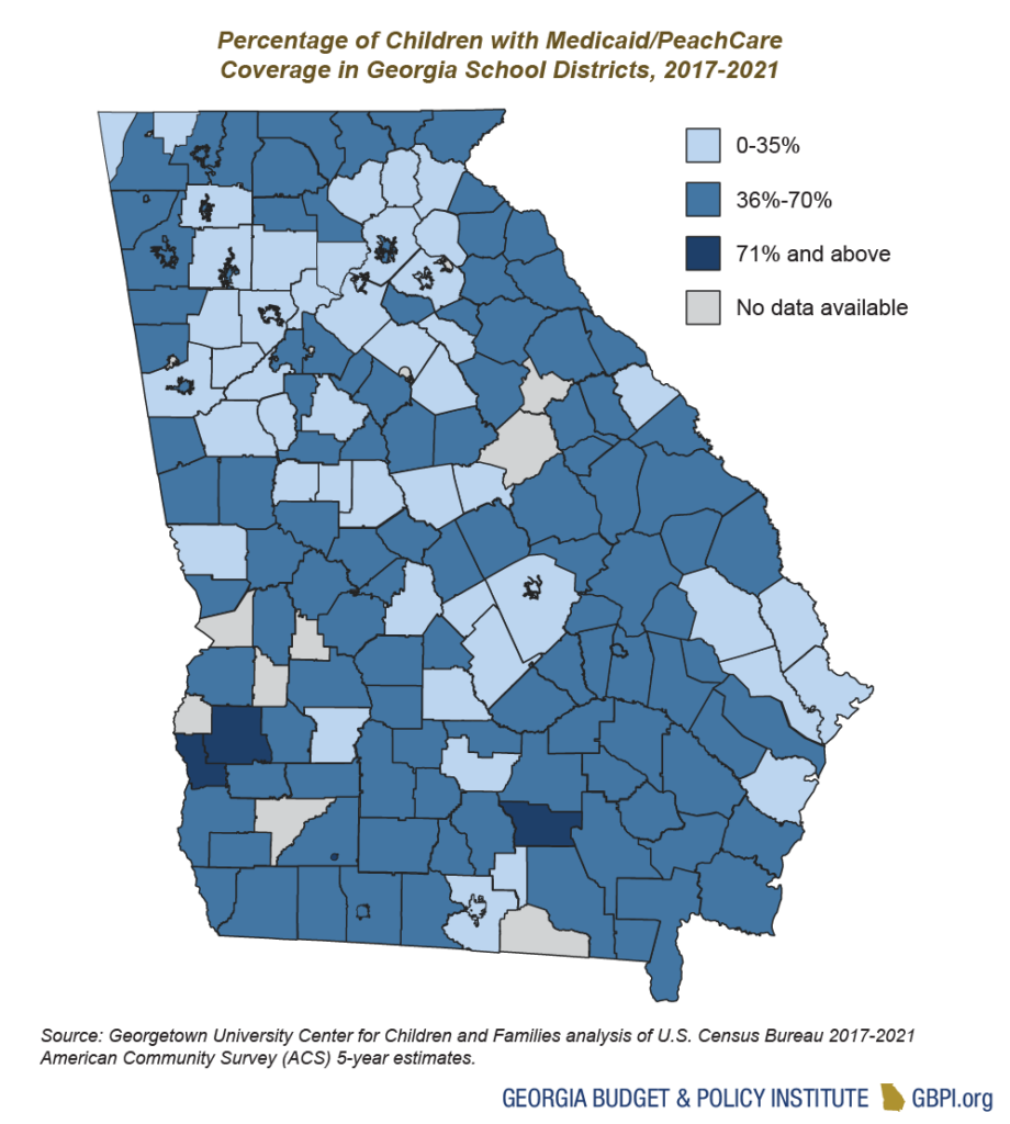 Map of Georgia school districts displaying percentage of children with Medicaid/PeachCare coverage from 2017-2021