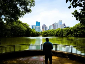 Person looking at the Atlanta skyline across a lake