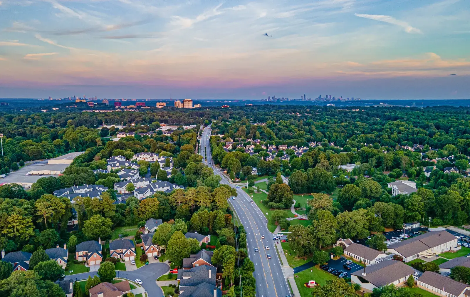 Aerial view of a Georgia neighborhood at sunset